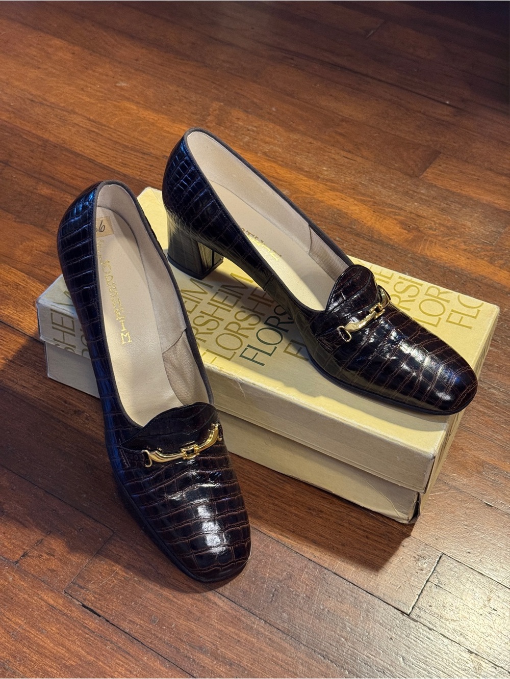 Florsheim Women’s Dark Brown Croc-Embossed Heel Loafers with Gold Hardware